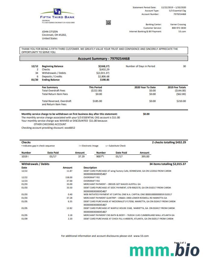 USA piąty trzeci wyciąg bankowy łatwy do wypełnienia szablonu .xls i .format pliku pdf